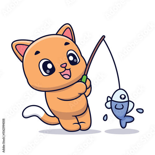 Cute Cat Fishing Cartoon Vector Icon Illustration. Animal Recreation Icon Concept Isolated Premium Vector. Flat Cartoon Style.