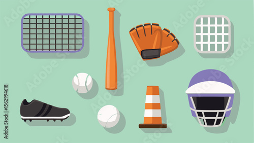 Flat vector illustration of snowboard equipment including board jacket helmet and other winter gear items