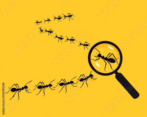 Magnifying glass with marching ants over yellow background. Vector flat illustration.