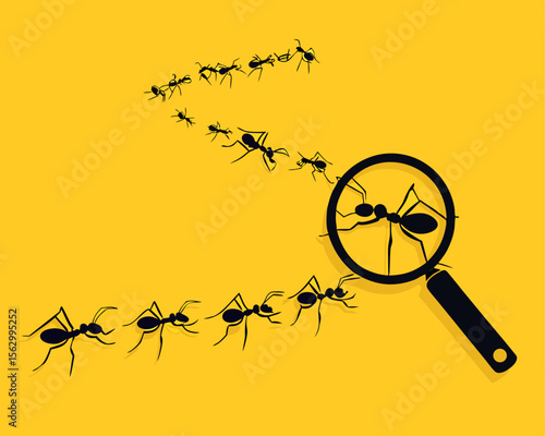 Magnifying glass with marching ants over yellow background. Vector flat illustration.