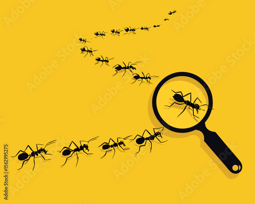 Magnifying glass with marching ants over yellow background. Vector flat illustration.