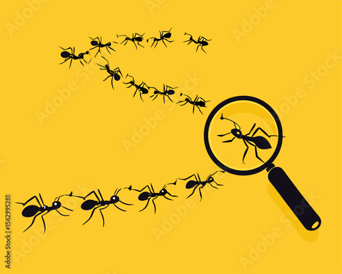 Magnifying glass with marching ants over yellow background. Vector flat illustration.