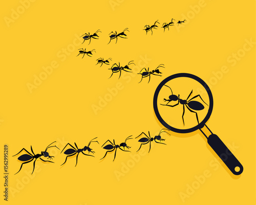 Magnifying glass with marching ants over yellow background. Vector flat illustration.