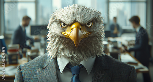 Eagle-headed businessman in modern office setting with colleagues working