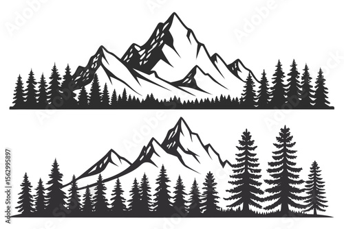 Black silhouette of pine trees and jagged mountains against white background forest