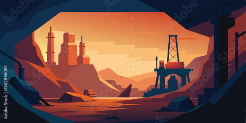Sunset Vista A Futuristic Desert Landscape with Oil Rig and City