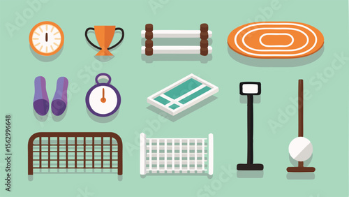 Illustration of track and field equipment including hurdles, track and a trophy cup image
