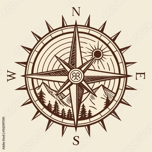 Vintage compass rose with mountains and pine trees against a warm cream background