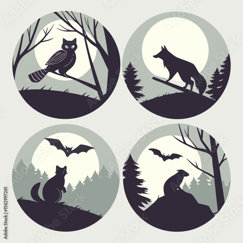 Four circular silhouette illustrations of nocturnal animals under a full moon