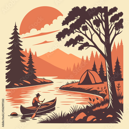 Man paddles canoe on river near campsite at sunset with mountains and trees