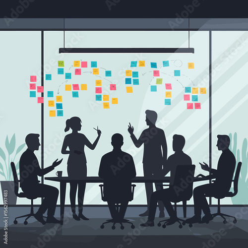 Team brainstorming session in modern office, using sticky notes to map ideas.