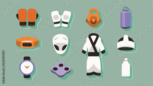 Illustration of martial arts gear including gloves uniform and protective headgear on a green background