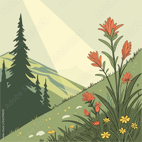 Vibrant indian paintbrush flowers bloom on a grassy hillside with distant mountains