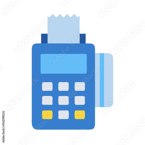 Blue payment terminal with receipt and credit card icon