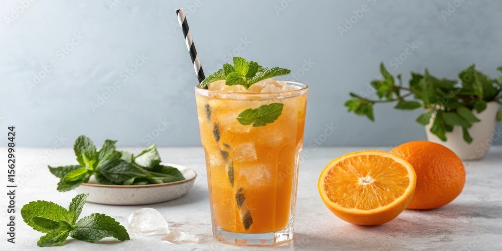 Fototapeta premium Refreshing orange juice with mint and ice in a tall glass with oranges