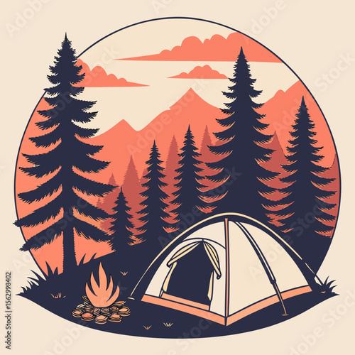 Cozy campsite scene with tent campfire and pine forest mountains