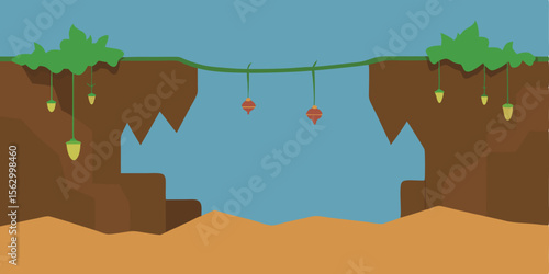 Vector illustration of a vibrant cartoon tree in a natural forest landscape with colorful leaves, grass, and sky