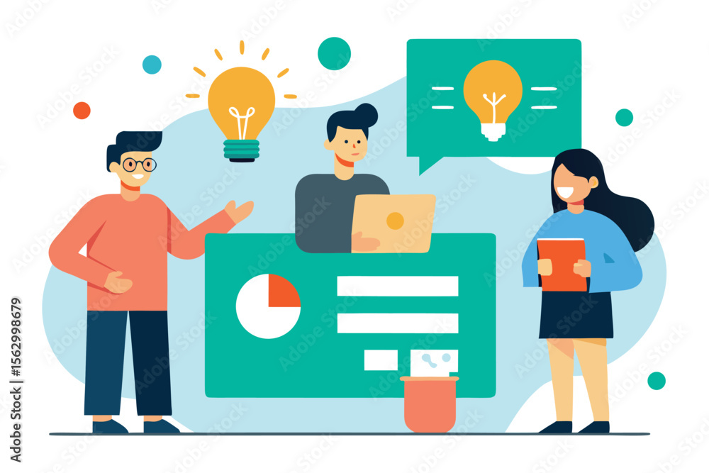 Business people communicating online, a flat vector illustration of office workers with speech bubbles, symbolizing a network of ideas and social interaction Business people communicating online, a flat vector illustration of office workers with speech bubbles, symbolizing a network of ideas and social interaction
