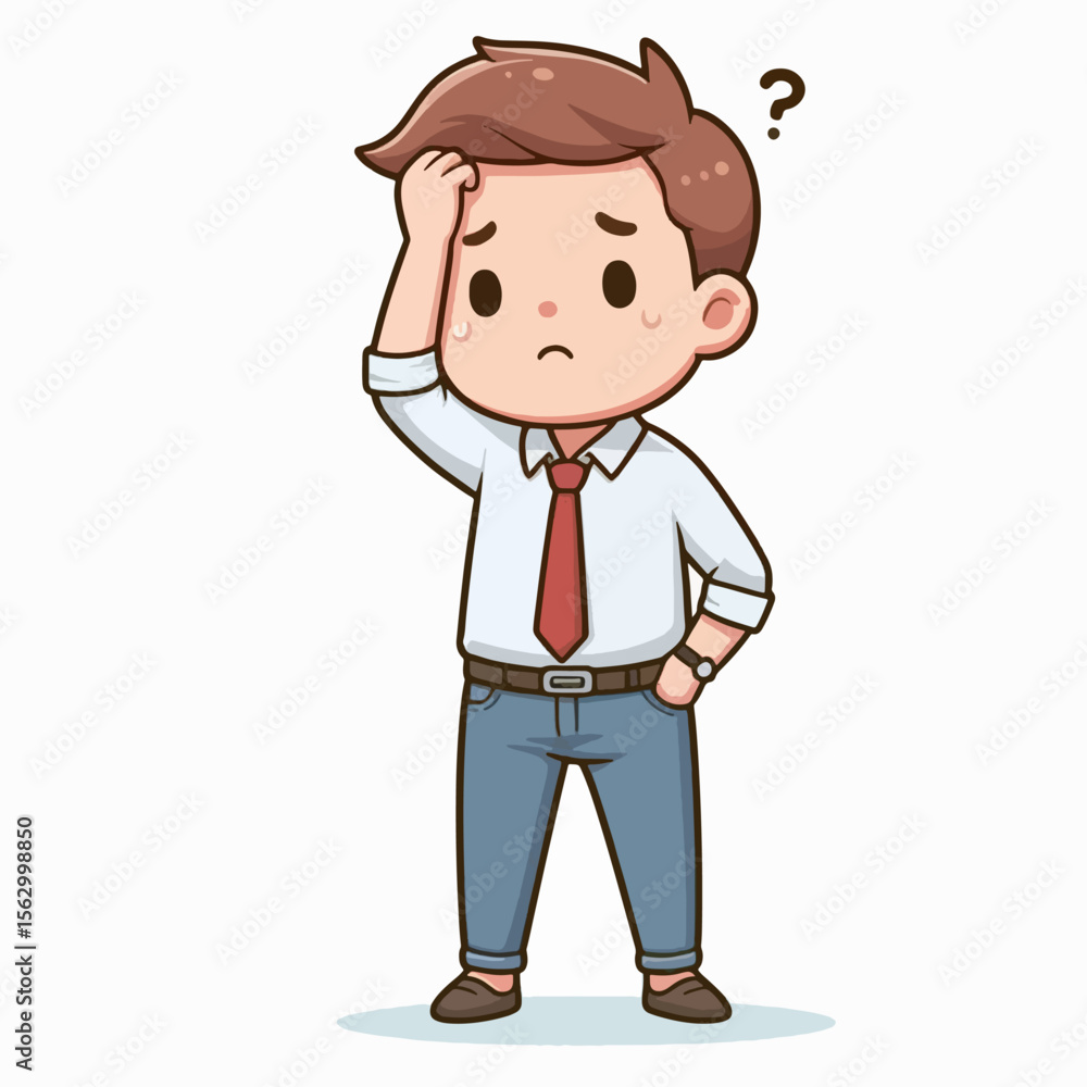 Cartoon depiction of a young man in formal attire, exhibiting a look of concern and confusion. Cartoon depiction of a young man in formal attire, exhibiting a look of concern and confusion.