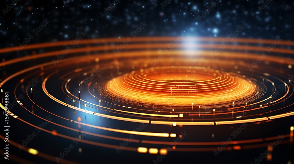 Fototapeta premium Multiple rotating data rings in vibrant orange, floating in concentric alignment with fading binary trails.