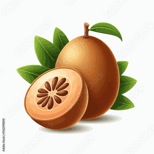 Vibrant digital illustration of a sapodilla fruit, whole and sliced, with lush green leaves.  The fruit is rendered with realistic detail.