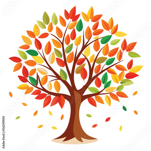A beautiful vector icon of an autumn tree with colorful falling leaves, perfect for seasonal, fall, and nature-themed design projects.