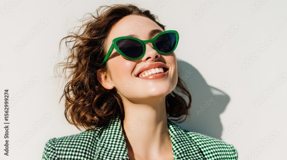 custom made wallpaper toronto digitalCheerful woman in green sunglasses and checkered blazer, smiling confidently against a bright white background.