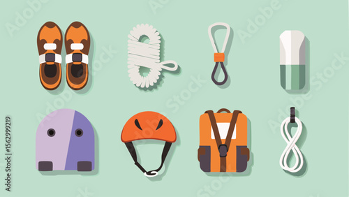 Illustration showing climbing gear including shoes rope helmet backpack and other equipment items