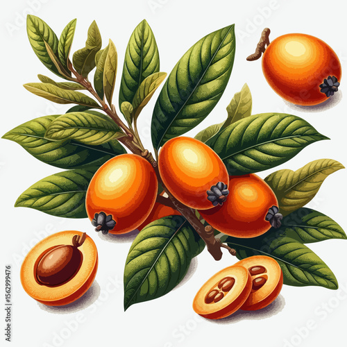Detailed graphic design showcasing a cluster of vibrant orange fruits and leaves, along with slices for added visual interest on a pure white background.
