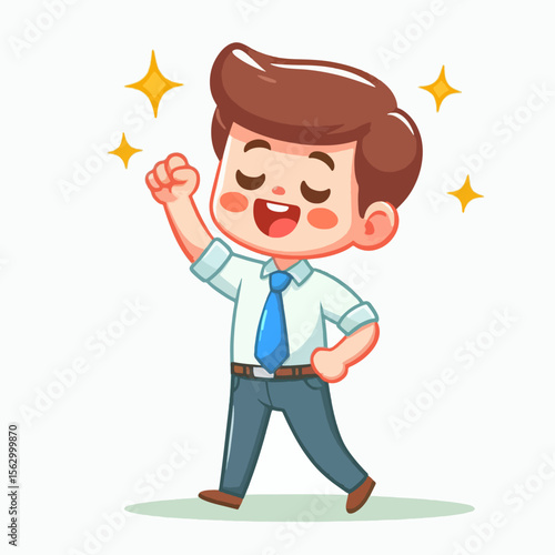 Cartoon illustration of a boy in a business suit, expressing  excitement and triumph.  He is depicted in a dynamic pose, with his arms raised.