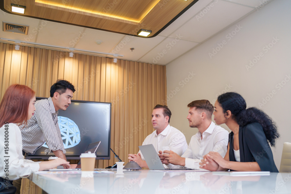 Fototapeta premium multiracial business people meeting on table in boardroom,discussing,creative to generate domes highly energy efficiency project,structure to reduce global warming,production trends,energy industry