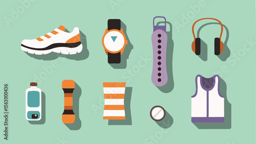 Flat lay illustration of fitness and workout equipment including shoe, watch, and water bottle items