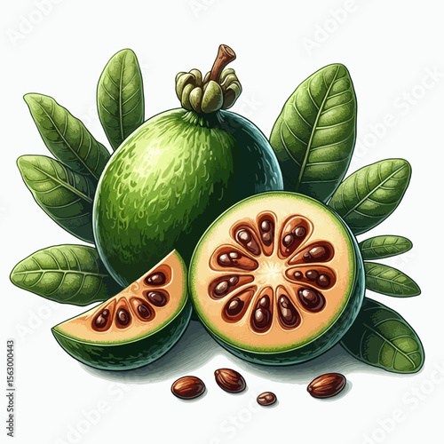 Vibrant digital illustration of a whole and sliced tropical fruit, showcasing the internal seeds and leaves in a  setting.