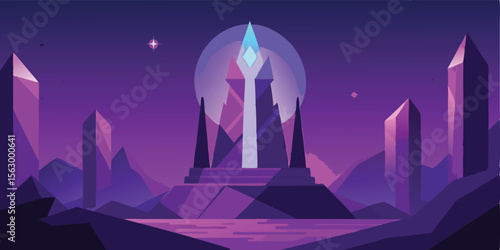 Vector illustration of a mosque in a night city skyline with abstract buildings and a moonlit sky