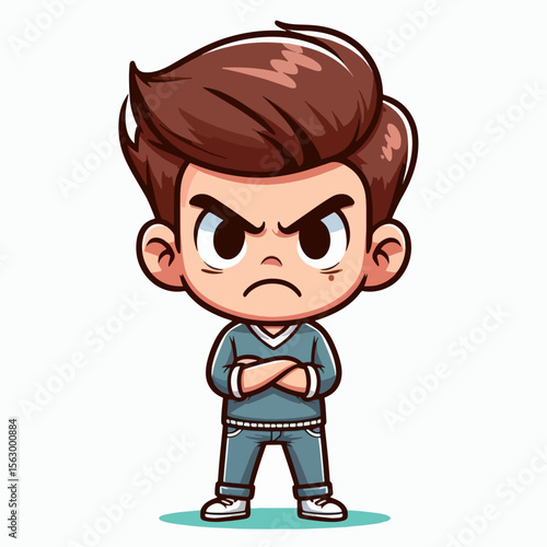 Cartoon boy, depicted with an angry facial expression and arms crossed, in a casual pose.