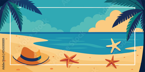 Tropical beach paradise with palm trees, a summer sky, and clear ocean water