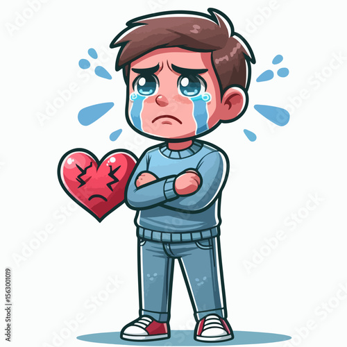 Cartoon illustration depicts a young boy holding a cracked heart, displaying sadness and distress.  His posture and facial expression convey deep emotional pain.