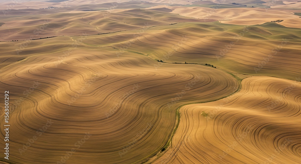 Fototapeta premium Aerial View of Rolling Wheat Fields with Wavy Lines and Shadows