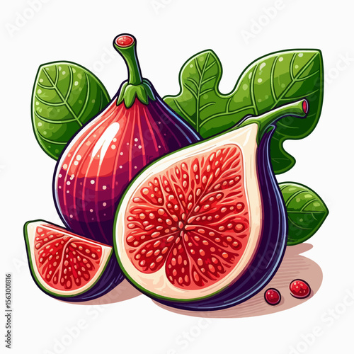 Colorful and detailed illustration of figs, cut in half and with leaves.  The fruit shows a vibrant,  realistic texture.