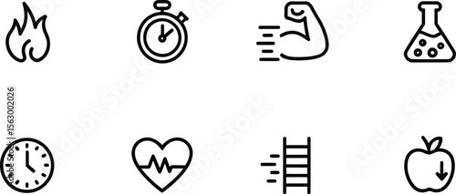 Health, Fitness, and Science Icon Set Featuring Fire, Stopwatch, Heart, Muscle, Chemistry, and Apple in Minimalist Line Art