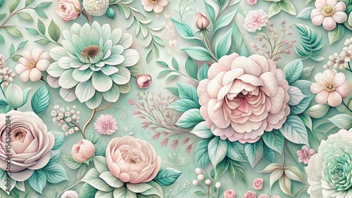 Exquisite Pastel Floral Design A Delicate Arrangement of Roses, Dahlias, and Other Blooms on a Soft Green Background