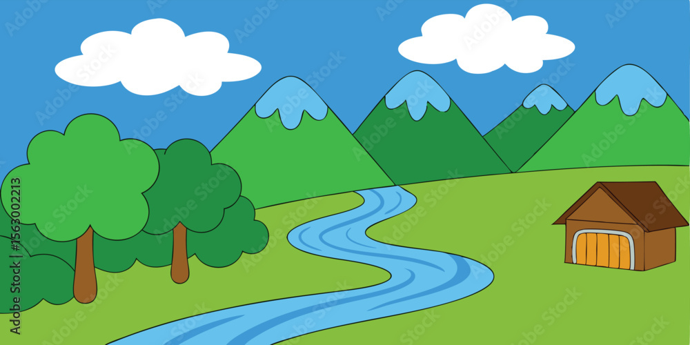 Fototapeta premium Summer landscape with green trees, hills, and distant mountains under a blue sky