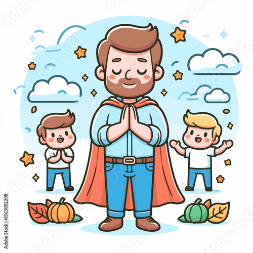 Digital illustration of a father with two boys,  depicting a scene of familial warmth and love.