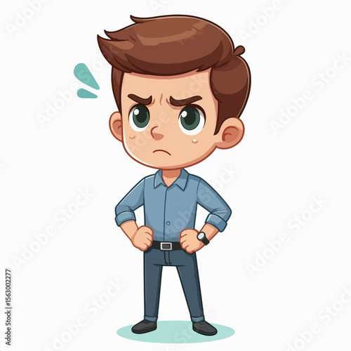 Digitally rendered cartoon image of a young boy, expressing a frustrated, angry expression. He is depicted in a casual, business-like outfit.