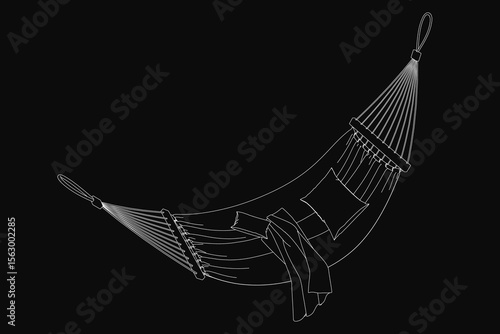 A black and white drawing of a hammock suspended in midair, featuring a soft pillow for comfort. The minimalist design contrasts sharply against the dark background, creating a striking visual.