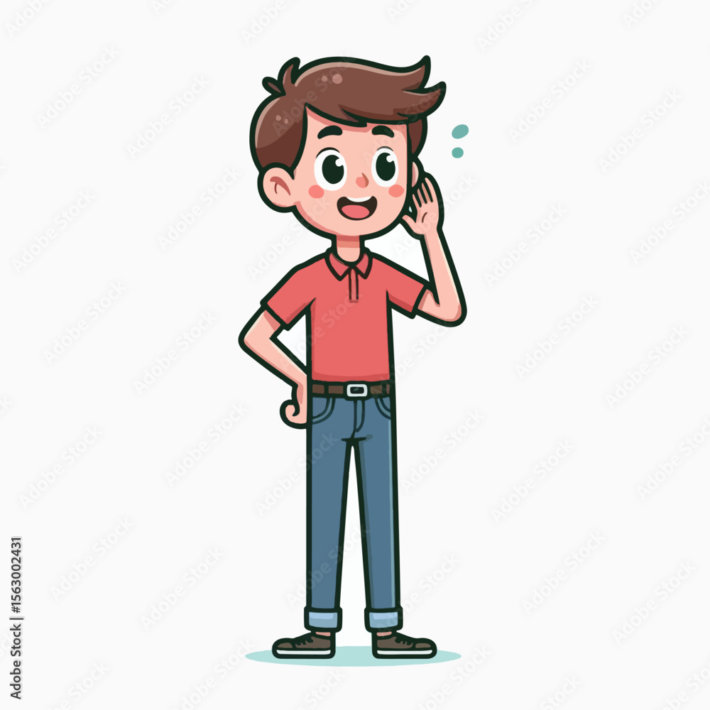 Cartoon depiction of a boy standing, with his hand pressed to his ear, demonstrating attentiveness. The style is flat and colorful, suitable for children's media. Cartoon depiction of a boy standing, with his hand pressed to his ear, demonstrating attentiveness. The style is flat and colorful, suitable for children's media.