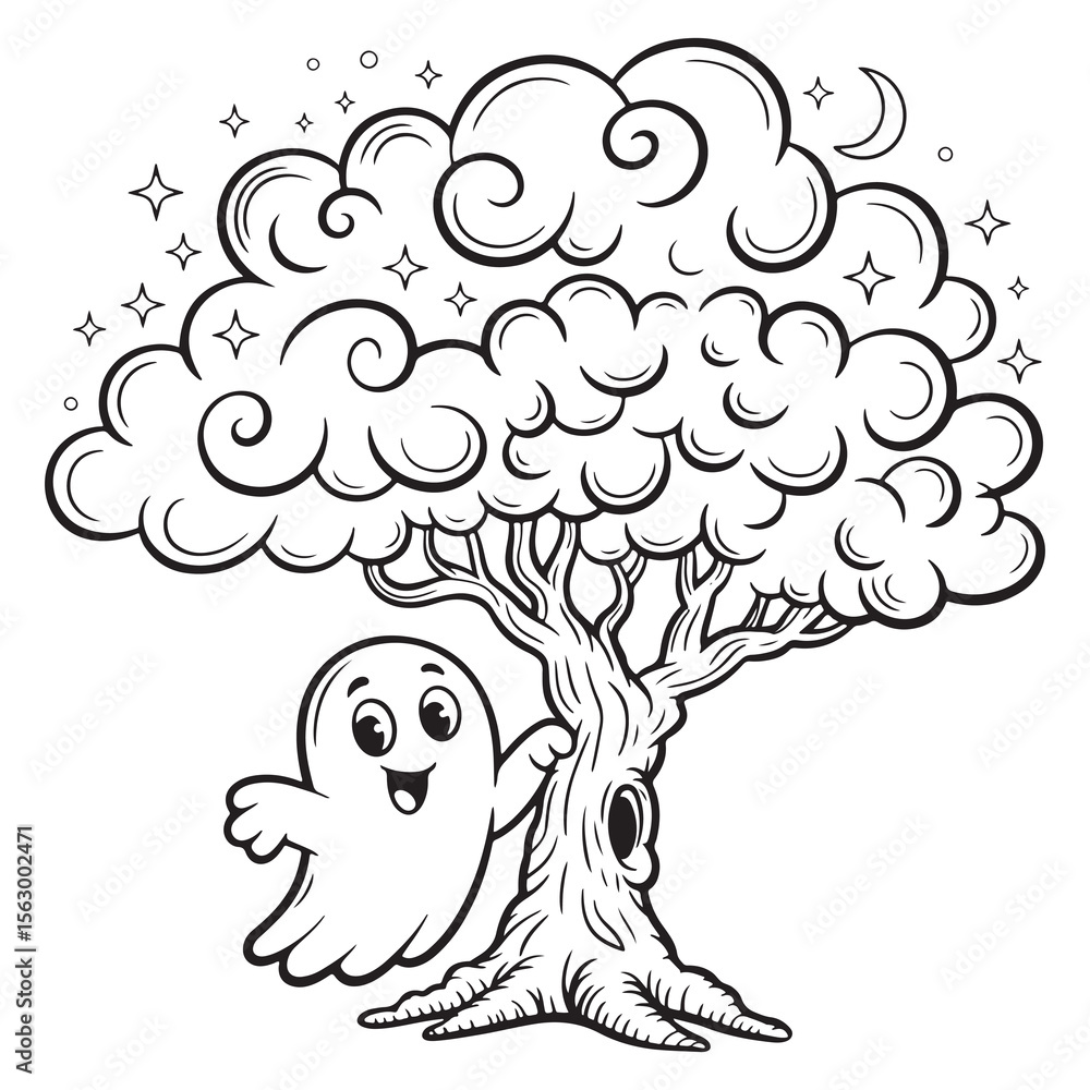 Fototapeta premium Ghost Hiding in Tree | Halloween Forest Line Art Coloring Page