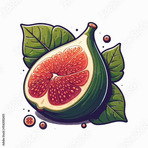 Vibrant graphic illustration of a halved fig, showcasing its detailed interior and surrounding leaves, against a white background.  The style is stylized and appealing.