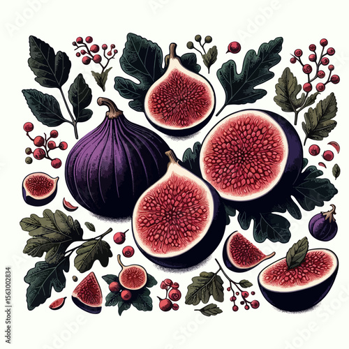 Vibrant graphic design featuring sliced figs and various botanical elements.  The illustration displays a rich color palette and intricate details.