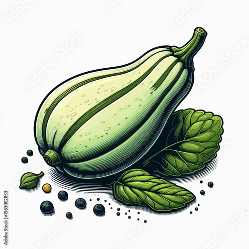 Digitally rendered image of a pale green squash with mint leaves and spices, highlighted by vibrant green tones and shading.